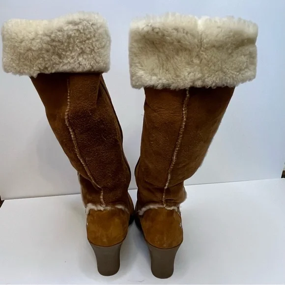 UGG Women's Sandra S/N 5449 Tan Leather Shearling Tall Wedge Boots Size 8 - Picture 11 of 16